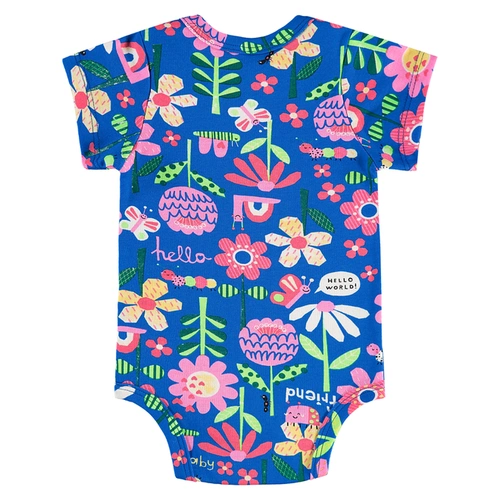 Body Manga Curta em Suedine Floral - Azul