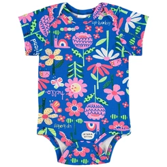 Body Manga Curta em Suedine Floral - Azul