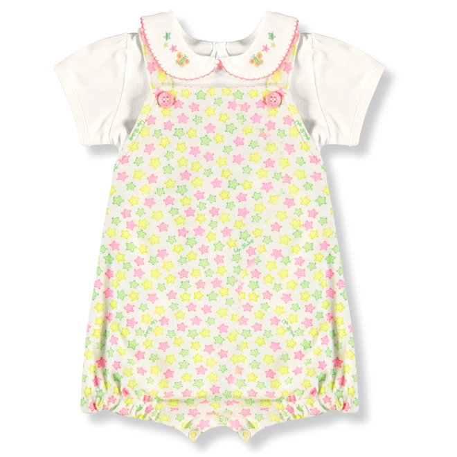 Conjunto Body com Jardineira em Suedine Estampa de Estrelas - Natural