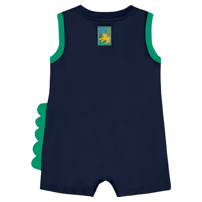 Macaquinho Manga Curta em Meia Malha com Estampa de Dinossauro Interativa - Azul Escuro