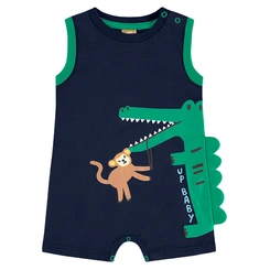 Macaquinho Manga Curta em Meia Malha com Estampa de Dinossauro Interativa - Azul Escuro