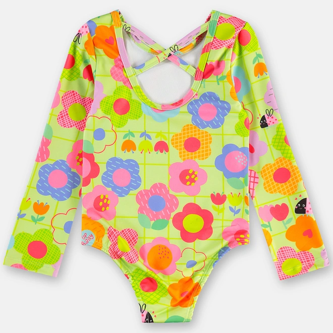 Maiô em Malha com Proteção Solar UV Flores - Verde