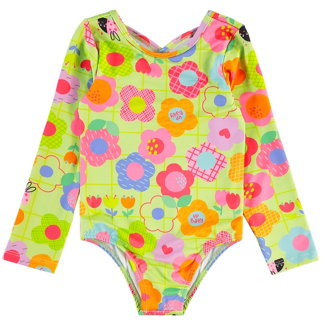 Maiô em Malha com Proteção Solar UV Flores - Verde