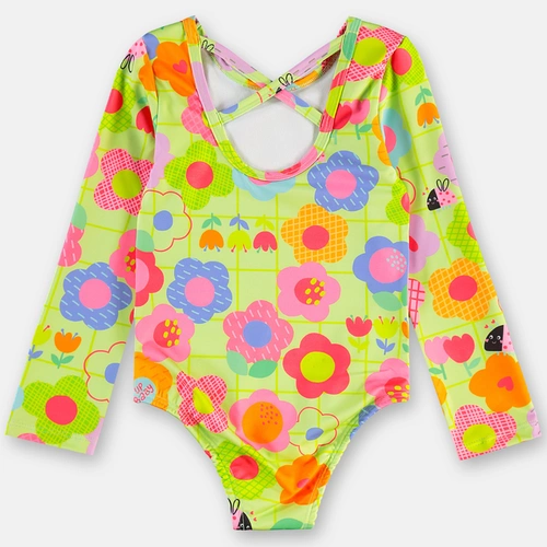 Maiô em Malha com Proteção Solar UV Flores - Verde