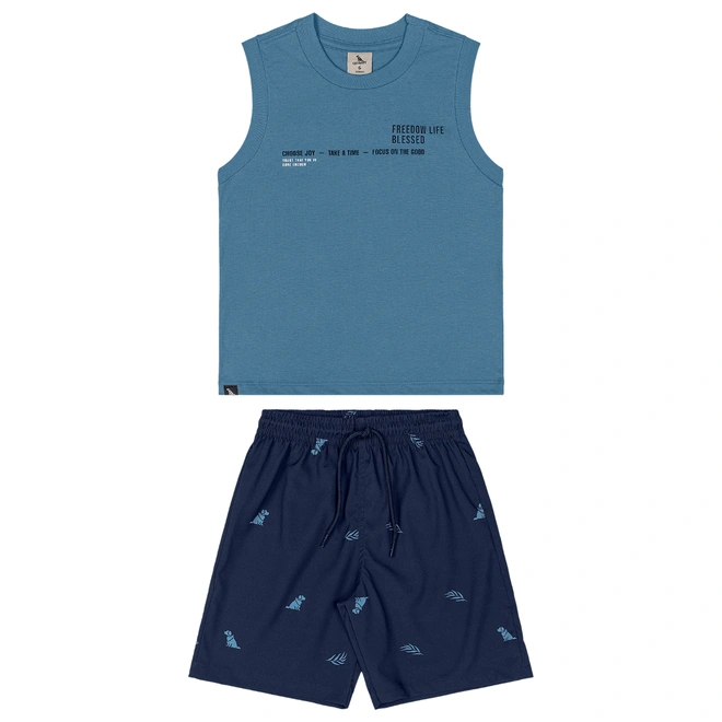 Conjunto Camiseta Regata em Malha e Bermuda em Microfibra - Azul Captain's