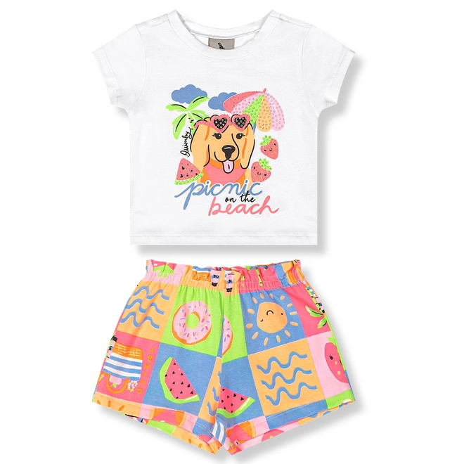 Conjunto Blusa Meia Manga e Short em Cotton Picnic - Branco/Laranja