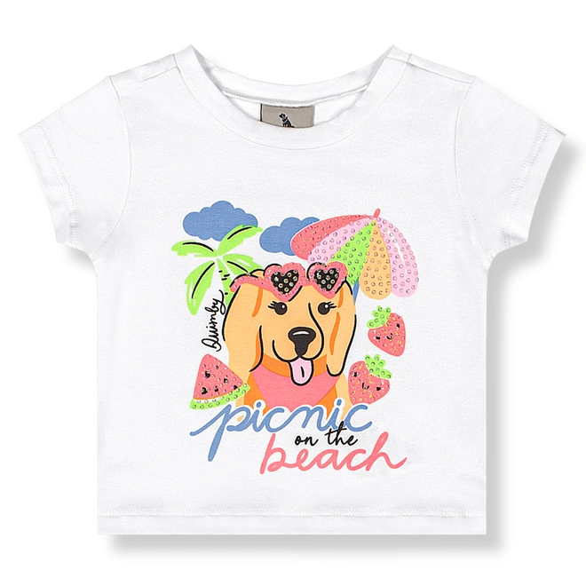 Conjunto Blusa Meia Manga e Short em Cotton Picnic - Branco/Laranja