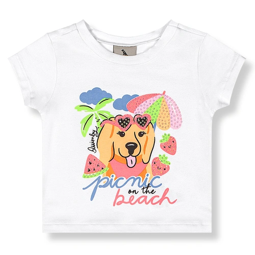 Conjunto Blusa Meia Manga e Short em Cotton Picnic - Branco/Laranja