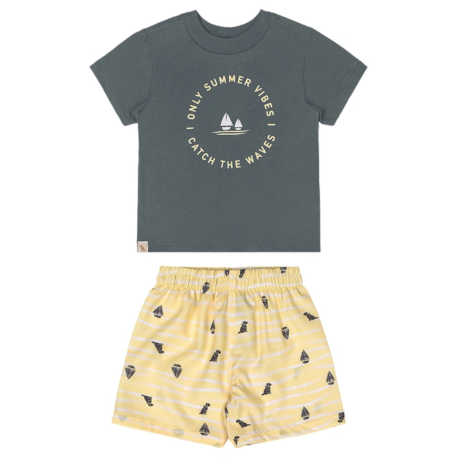 Conjunto Camisa Meia Manga em Malha e Bermuda em Microfibra - Chumbo