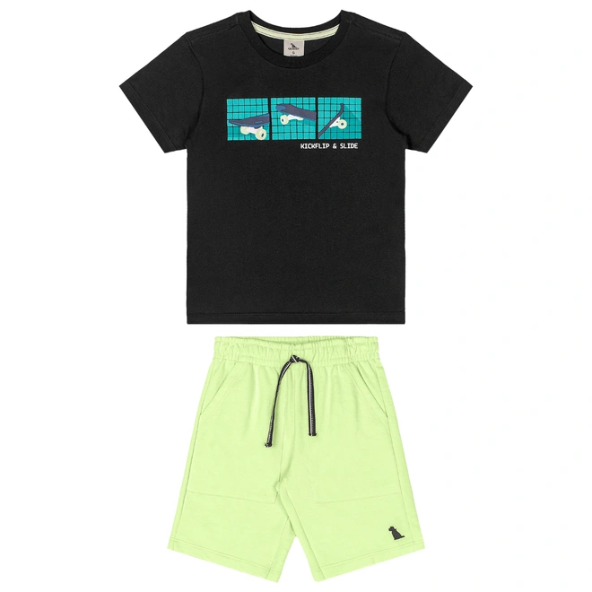 Conjunto Camisa Meia Manga em Malha e Bermuda em Moletom sem Felpa - Preto