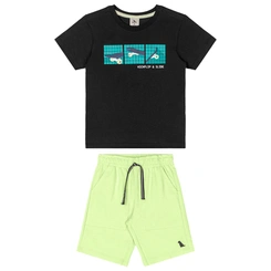 Conjunto Camisa Meia Manga em Malha e Bermuda em Moletom sem Felpa - Preto