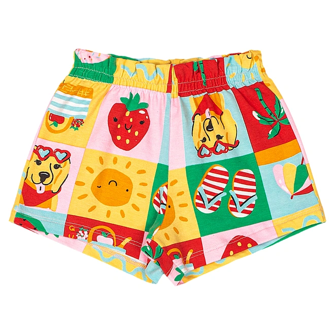 Conjunto Blusa Meia Manga e Short em Cotton Picnic - Branco/Amarelo