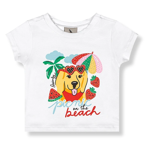 Conjunto Blusa Meia Manga e Short em Cotton Picnic - Branco/Amarelo