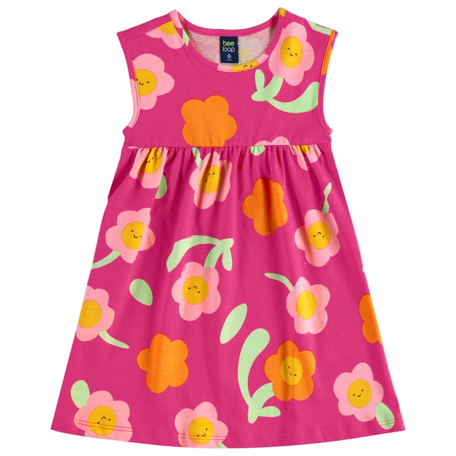 Vestido sem Manga em Meia Malha Floral - Rosa