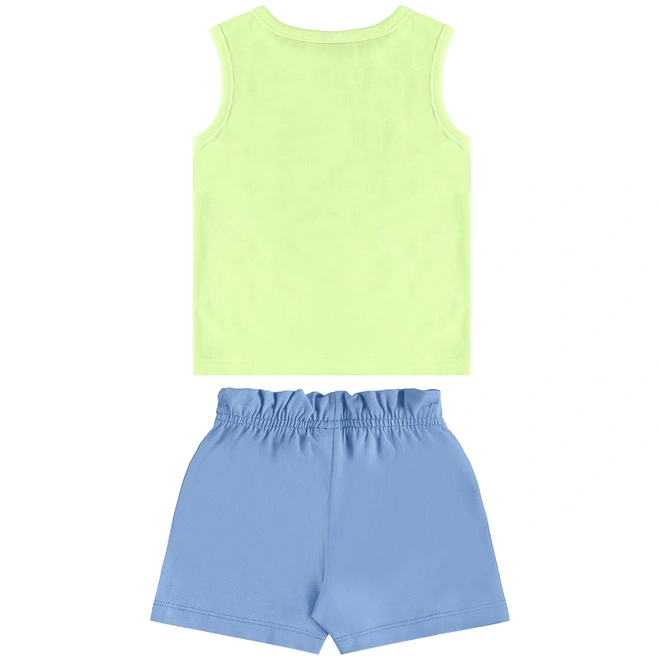 Conjunto Camiseta Regata em Meia Malha e Short em Cotton - Verde Limão/Azul