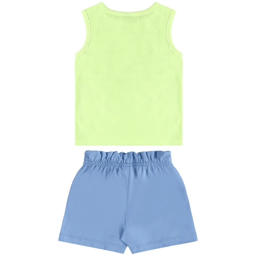 Conjunto Camiseta Regata em Meia Malha e Short em Cotton - Verde Limão/Azul