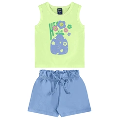 Conjunto Camiseta Regata em Meia Malha e Short em Cotton - Verde Limão/Azul