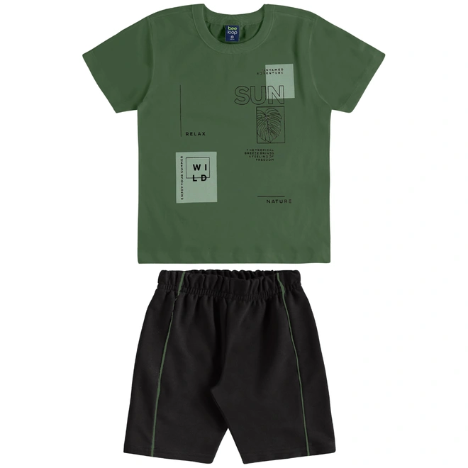 Conjunto Camisa meia Manga em Malha e Bermuda em Moletom - Verde Bronze