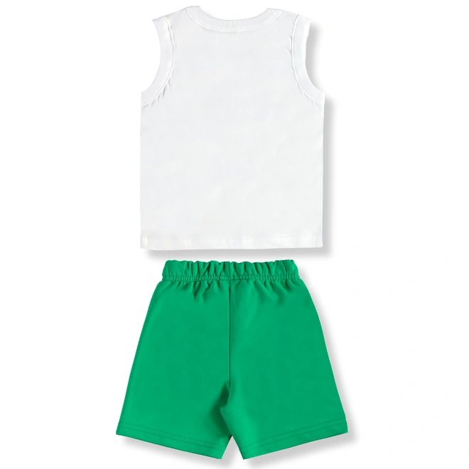 Conjunto Camiseta Regata em Malha e Bermuda em Moletom Dinossauro - Branco/Verde