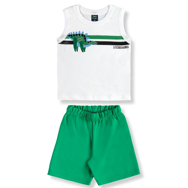 Conjunto Camiseta Regata em Malha e Bermuda em Moletom Dinossauro - Branco/Verde