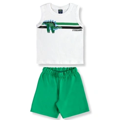 Conjunto Camiseta Regata em Malha e Bermuda em Moletom Dinossauro - Branco/Verde