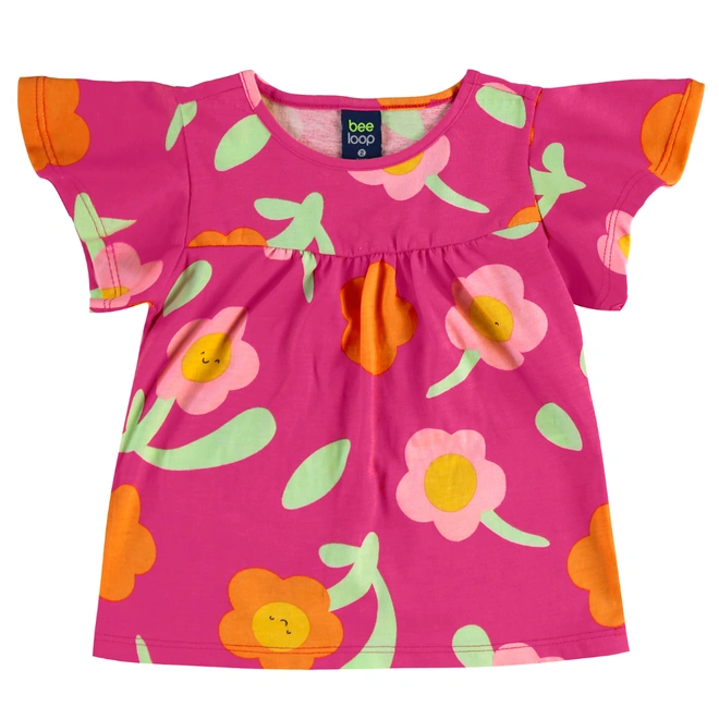 Conjunto Blusa Manga Curta e Short em Meia Malha Floral - Rosa