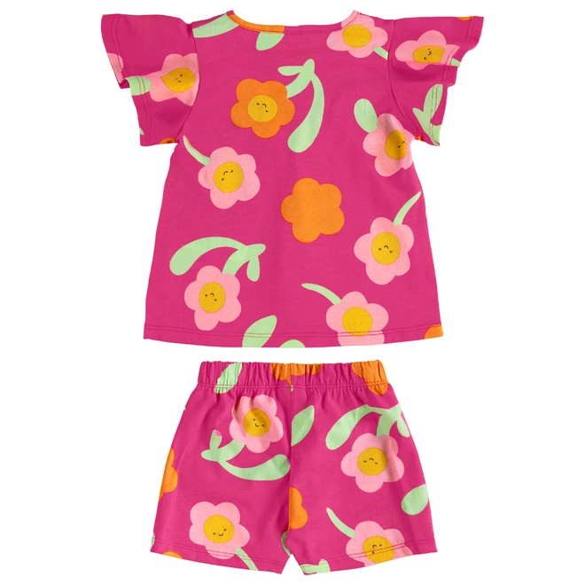 Conjunto Blusa Manga Curta e Short em Meia Malha Floral - Rosa