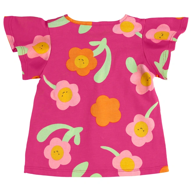 Conjunto Blusa Manga Curta e Short em Meia Malha Floral - Rosa