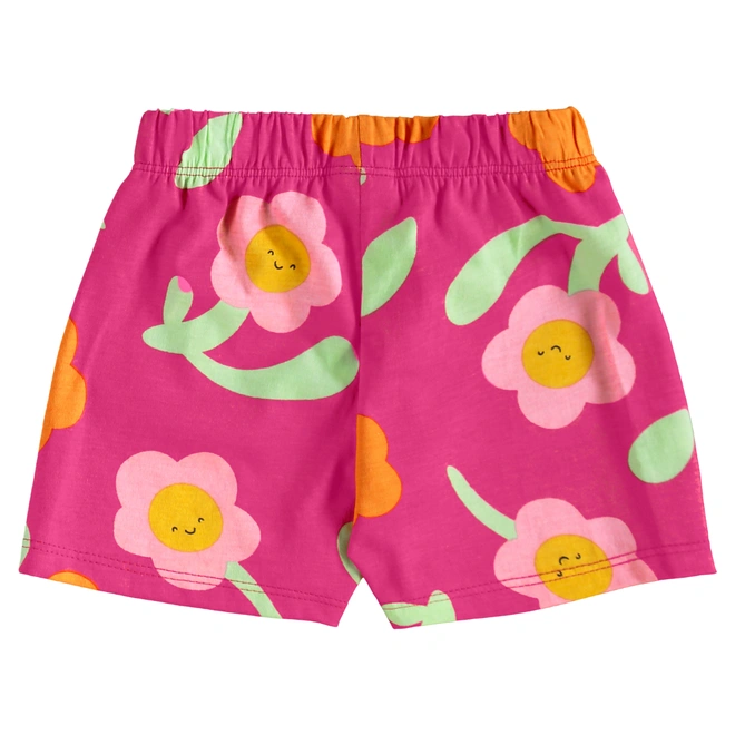 Conjunto Blusa Manga Curta e Short em Meia Malha Floral - Rosa