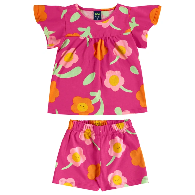 Conjunto Blusa Manga Curta e Short em Meia Malha Floral - Rosa