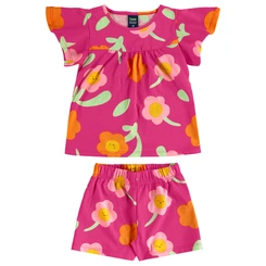 Conjunto Blusa Manga Curta e Short em Meia Malha Floral - Rosa