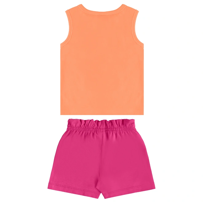 Conjunto Camiseta Regata em Meia Malha e Short em Cotton - Tangerina/Rosa