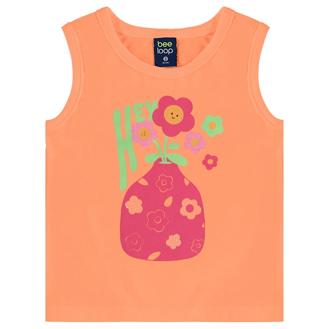 Conjunto Camiseta Regata em Meia Malha e Short em Cotton - Tangerina/Rosa