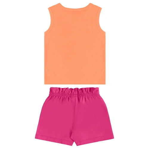Conjunto Camiseta Regata em Meia Malha e Short em Cotton - Tangerina/Rosa