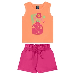 Conjunto Camiseta Regata em Meia Malha e Short em Cotton - Tangerina/Rosa