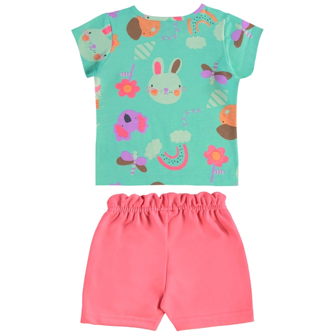 Conjunto Blusa em Cotton e Short em Moletom Floral - Verde/Rosa