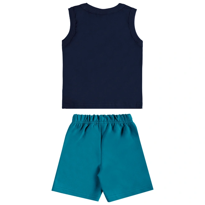 Conjunto Camiseta Regata em Malha e Bermuda em Moletom Dinossauro - Azul Escuro