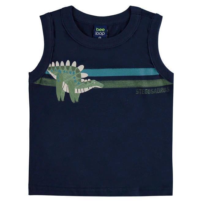 Conjunto Camiseta Regata em Malha e Bermuda em Moletom Dinossauro - Azul Escuro