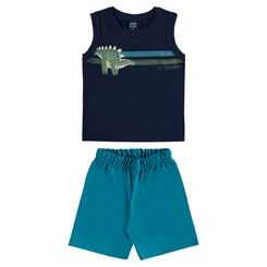 Conjunto Camiseta Regata em Malha e Bermuda em Moletom Dinossauro - Azul Escuro