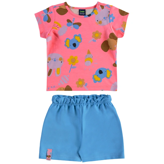 Conjunto Blusa em Cotton e Short em Moletom Floral - Rosa/Azul