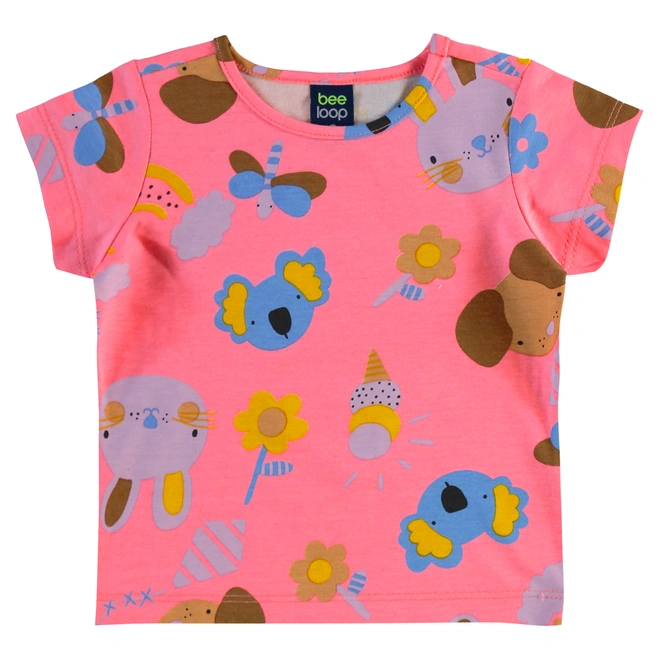 Conjunto Blusa em Cotton e Short em Moletom Floral - Rosa/Azul