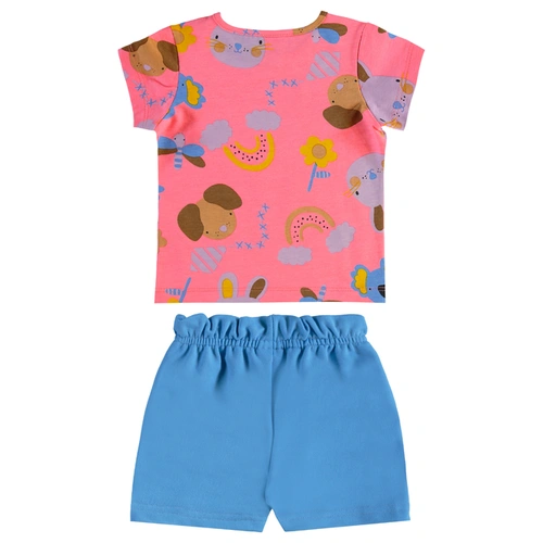 Conjunto Blusa em Cotton e Short em Moletom Floral - Rosa/Azul