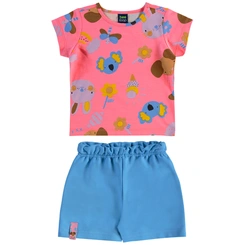 Conjunto Blusa em Cotton e Short em Moletom Floral - Rosa/Azul