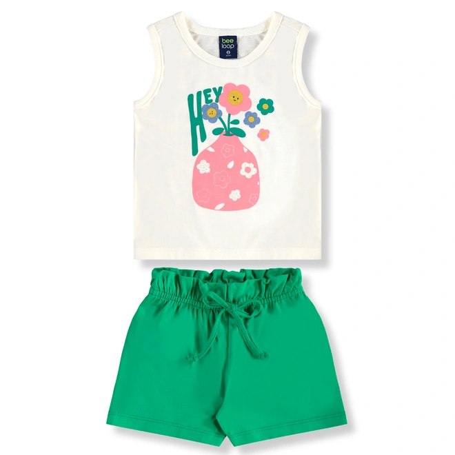 Conjunto Camiseta Regata em Meia Malha e Short em Cotton - Natural/Verde