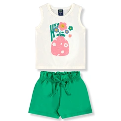 Conjunto Camiseta Regata em Meia Malha e Short em Cotton - Natural/Verde