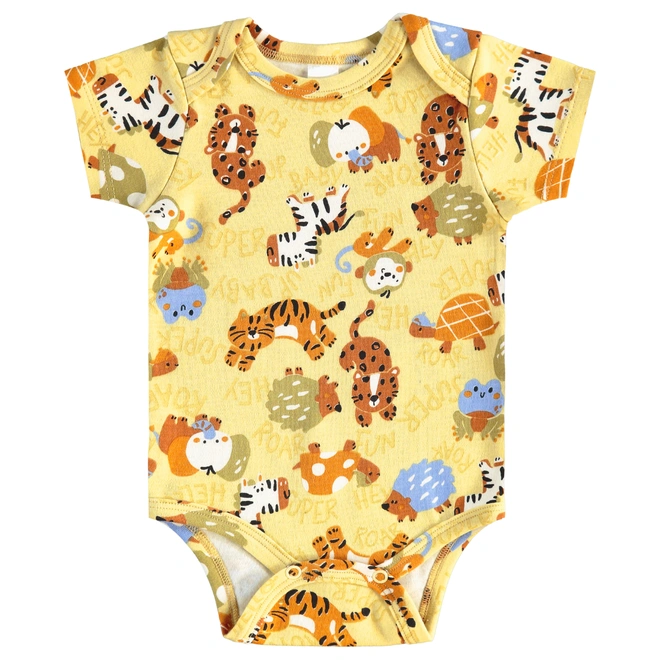Body Manga Curta em Suedine Estampa Bichinhos - Amarelo