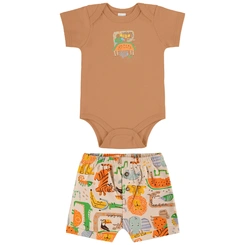 Conjunto Body e Short em Suedine Estampa Bichinhos - Café Com Leite