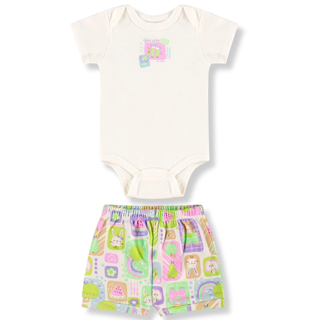 Conjunto Body Meia Manga com Short em Suedine Estampa Abstrata - Natural