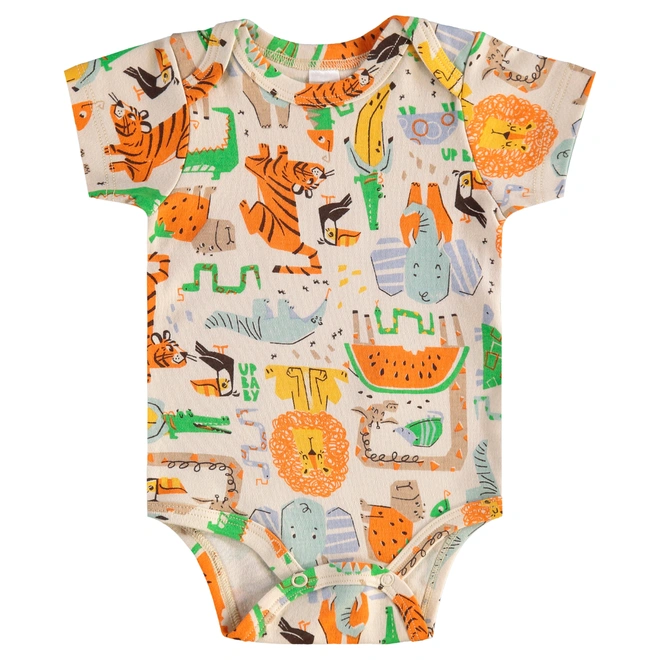 Body Manga Curta em Suedine Estampa Bichinhos - Bege