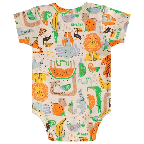 Body Manga Curta em Suedine Estampa Bichinhos - Bege